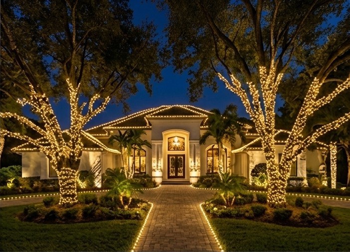 Estate home with oaks and roofline wrapped in warm white lights