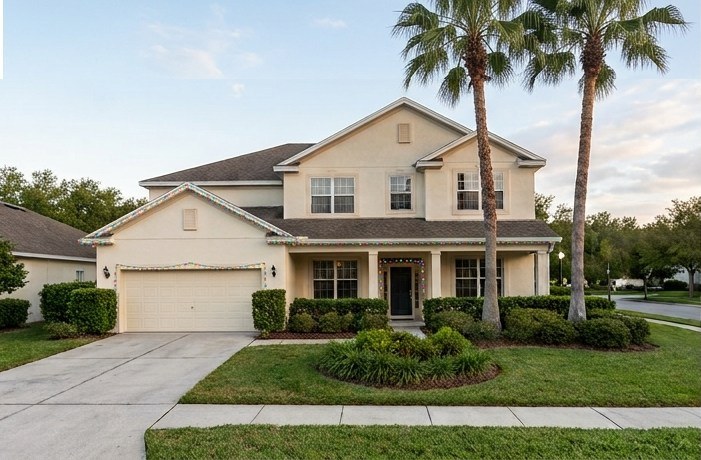 Two-story home before holiday lighting