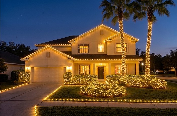 The same home glowing with warm white Christmas lights at night